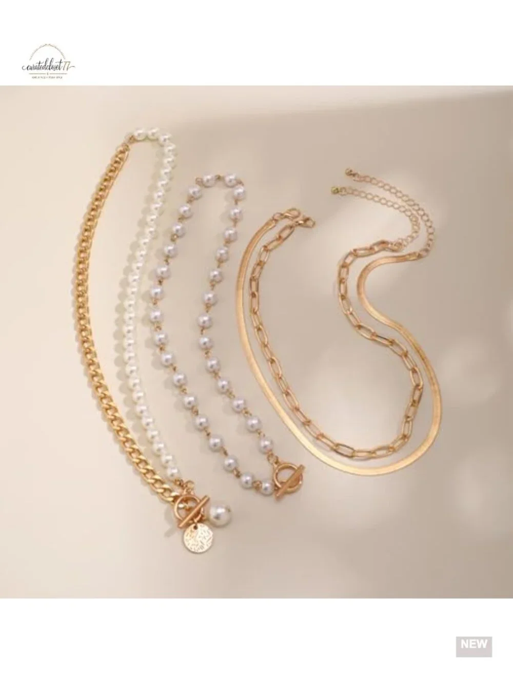 5-Piece Chunky Gold Layered Pearl Necklace Set with OT Buckle Paperclip Chain